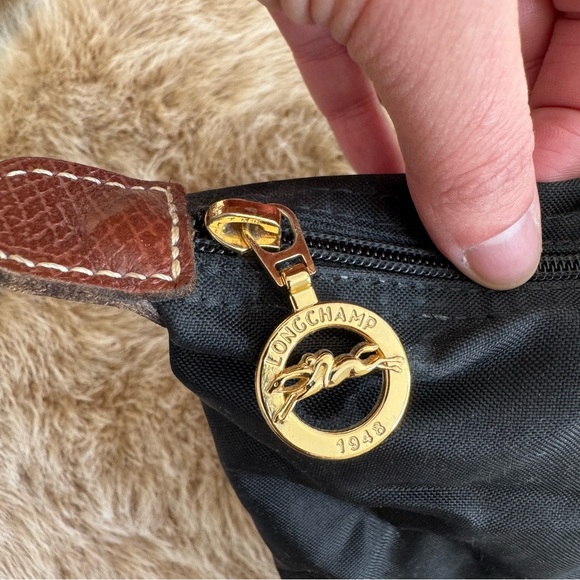 Longchamp Le Pliage Original M Tote Bag Black with Brown Leather Trim - Picture 13 of 15